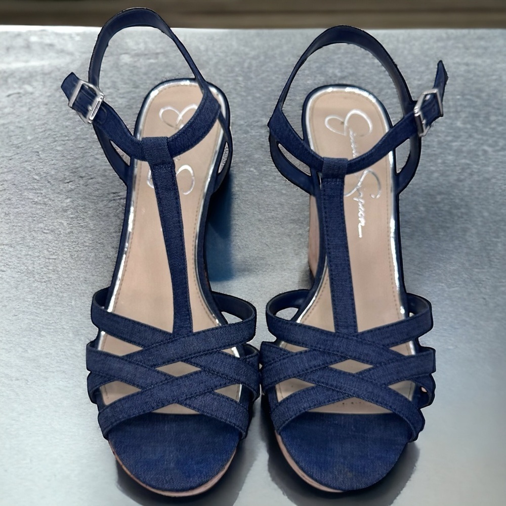 Jessica Simpson Denim Cork Wedges Size 9 EUC